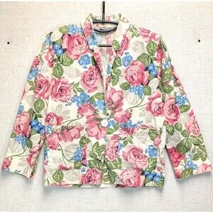 Vintage 1980s Floral Blazer Jacket Pink & Blue w/ Shoulder Pads Women's Size S
